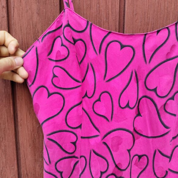 LAURA LEIGH | Silk Y2k Hot Pink Heart Print Spaghetti Strap Slip Slit Dress M - Picture 4 of 14